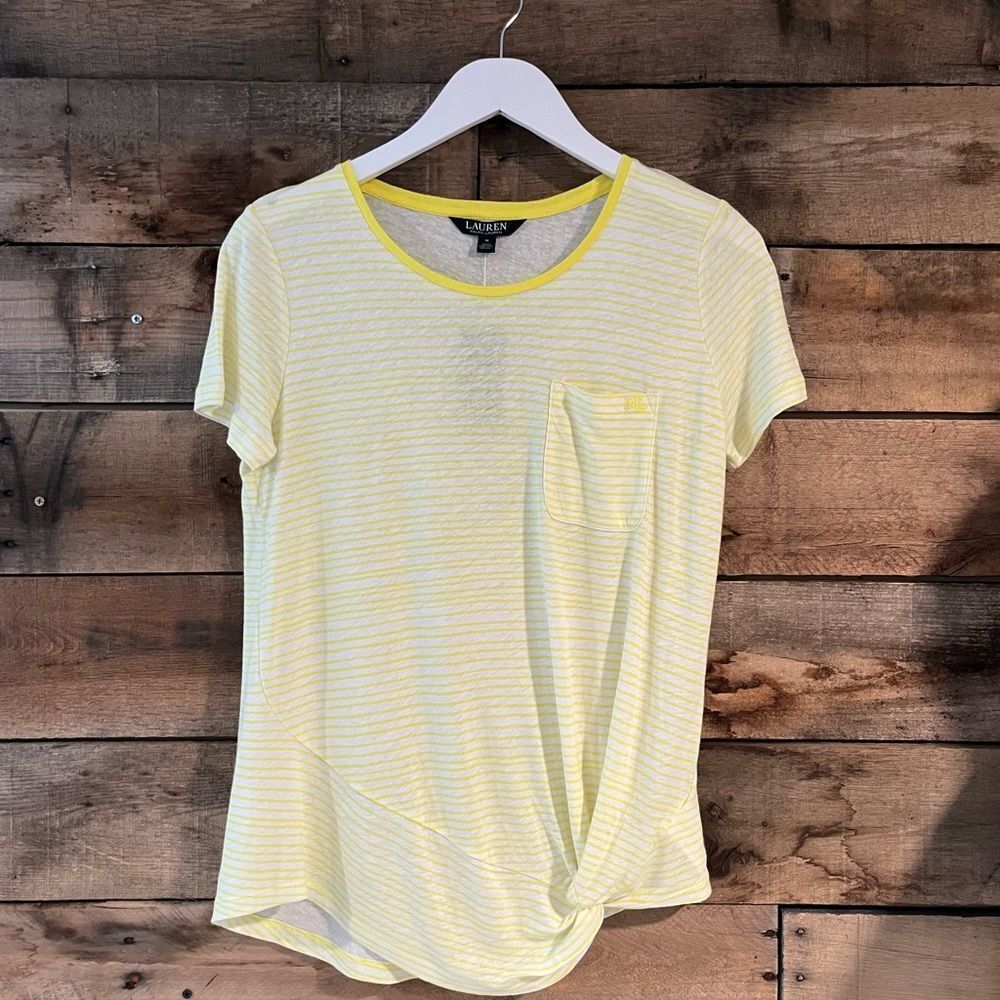 NWT Lauren Ralph Lauren yellow and white striped short sleeve pocket t-shirt wit